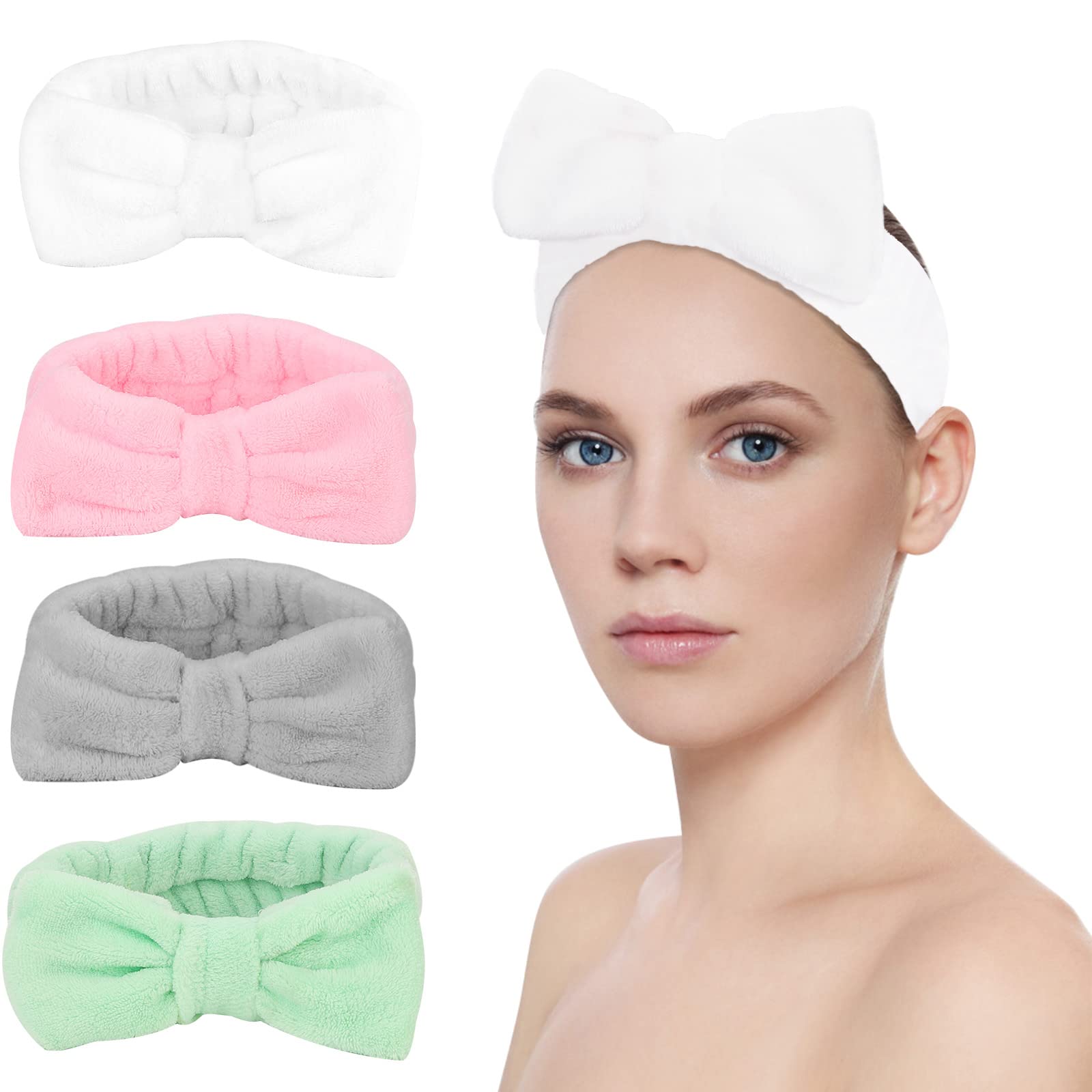 SONSENAI Bow Hair Band - 4Pack Soft Carol Fleece Hairlace Headbands for women Makeup Shower Headband Headwraps for Washing Face Spa Mask(Multi-colored 3)