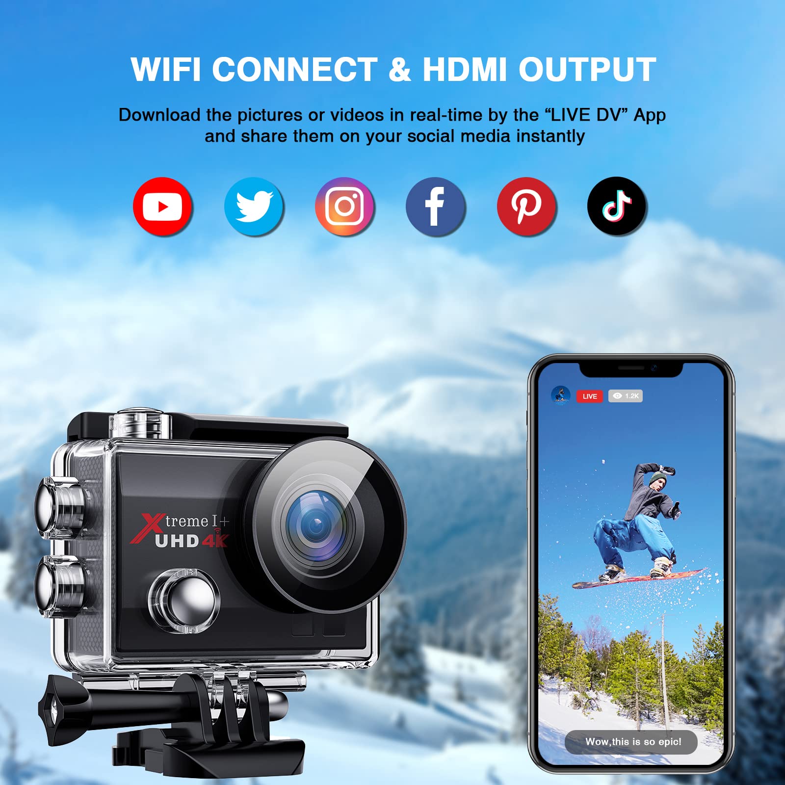 GOTCAM UHD 4K WiFi Action Camera 20MP Underwater 131FT Waterproof Camera 2inch Color Screen 170° Wide Angle EIS Sports Cam with External Mic Remote 2 Batteries and Helmet Accessories Kit, Black