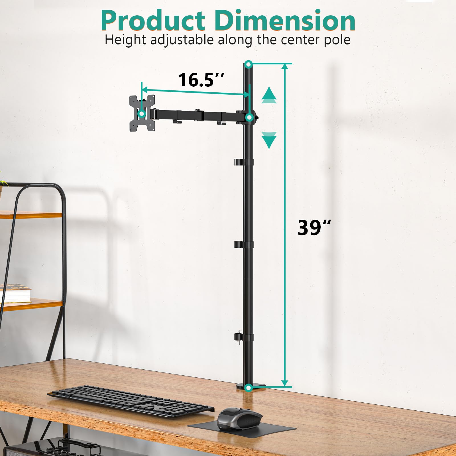 WALI Single Monitor Stand Desk Mount, 39 inch Tall Monitor Stand Fully Adjustable, Articulating Arm for Computer Screen up to 32 inch, 22lbs (M001XXL), Black