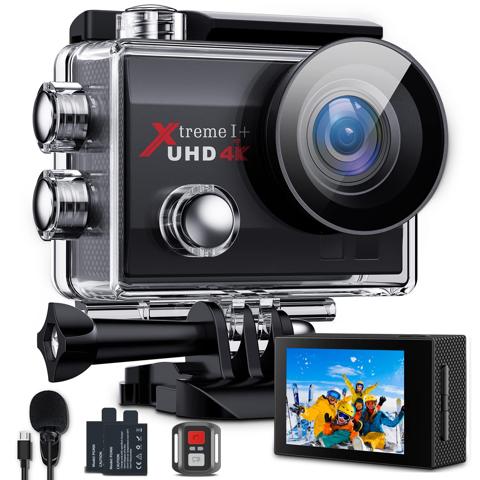 GOTCAM UHD 4K WiFi Action Camera 20MP Underwater 131FT Waterproof Camera 2inch Color Screen 170° Wide Angle EIS Sports Cam with External Mic Remote 2 Batteries and Helmet Accessories Kit, Black