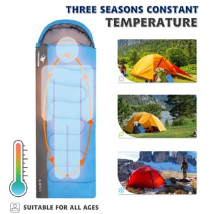 Arctic Lemmings Sleeping Bag for Adults & Kids,Waterproof Lightweight Backpacking Sleeping Bags, Envelope Hooded 3 Season for Camping Hiking Outdoor Travel (Blue)