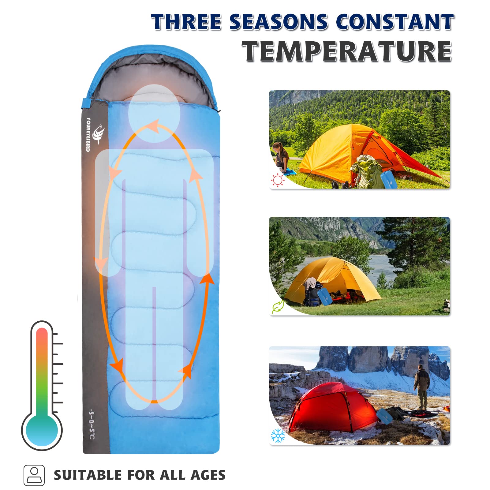 Arctic Lemmings Sleeping Bag for Adults & Kids,Waterproof Lightweight Backpacking Sleeping Bags, Envelope Hooded 3 Season for Camping Hiking Outdoor Travel (Blue)