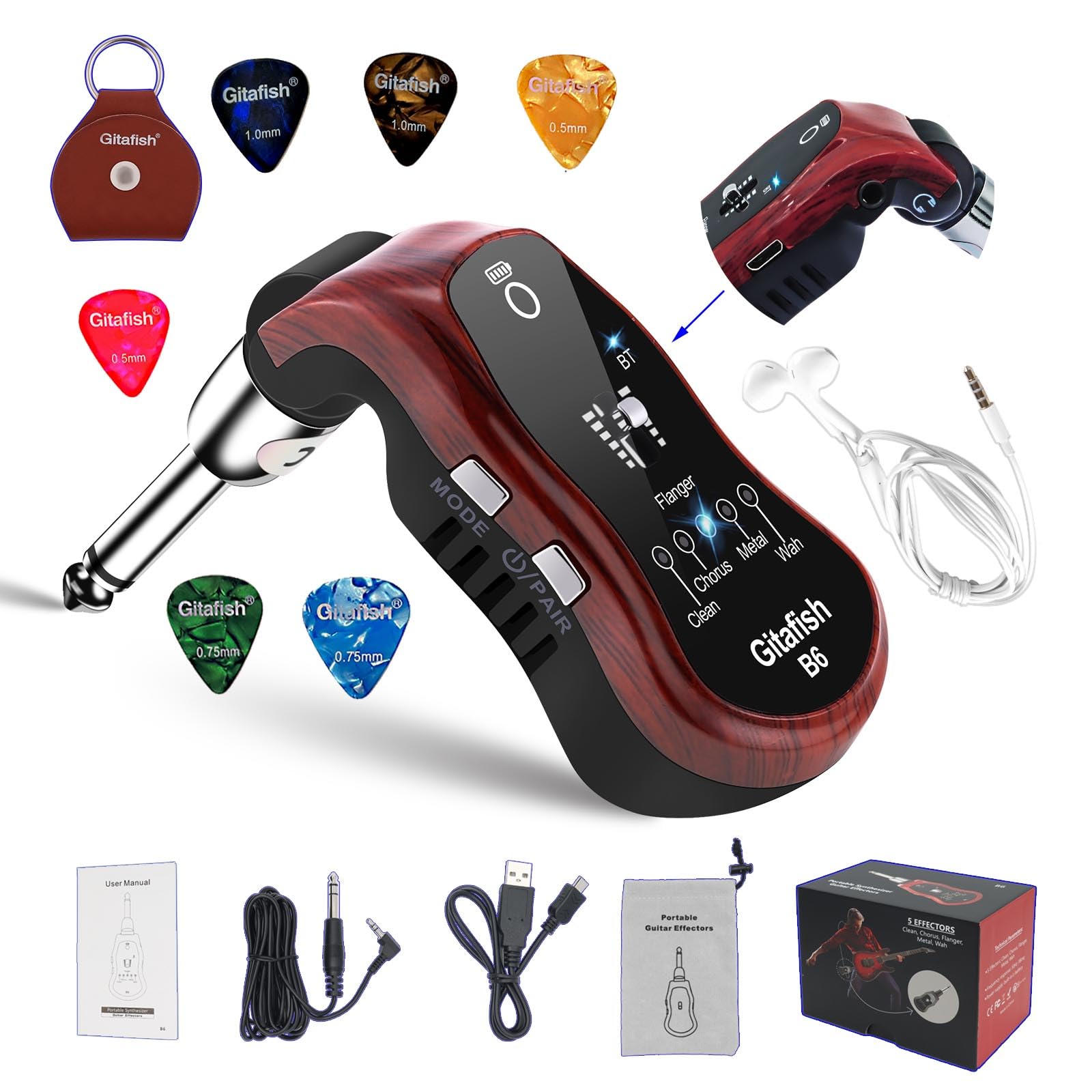 Gitafish Bass Guitar Headphone Mini Amp Bluetooth Electric Bass Micro Amps for Electric Guitar Bluetooth Practice Headphones Small Amps Guitar Portable Headphones Amplifier Pocket Bass Amp