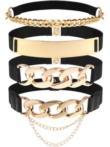 zhanmai 4 pieces belts for women metal gold stretch waist belt skinny wide chain belt elastic belt for dress