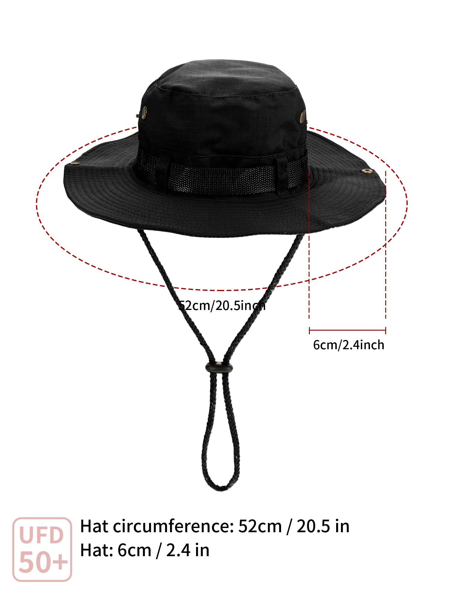 Boao 2 Pieces Sun Hats for Men Women Wide Brim Safari Bucket Hat Boonie Hat UV Protection Fishing Hiking Summer(Black)