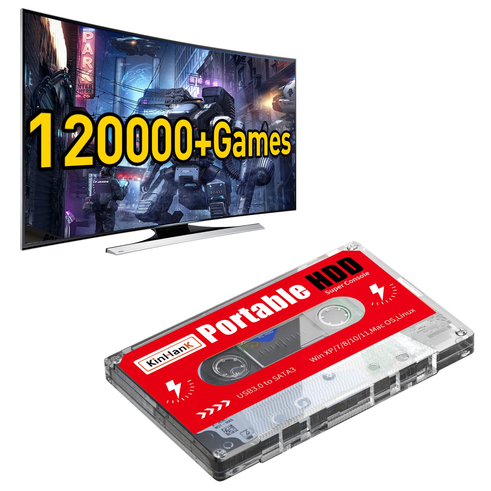 2TB Game Drive, USB 3.0, Built-in 120000+ Games, External Hard Drive Compatible with Mac OS/Linux/Windows XP/7/8/10/11, Portable HDD