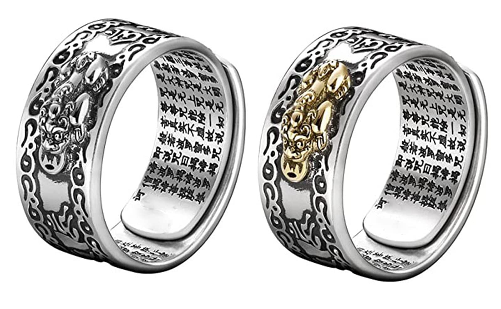 Hehimin FENG-Shui PI-Xiu Protection Wealth Ring,Amulet Wealth Lucky Open Adjustable Ring Buddhist Jewelry Ring (Gold+Silver)