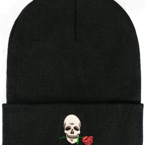 FUNCOOLCY Skull and Rose Soft Slouchy Beanie Hat,Winter Warm Knit Cuffed Skull Cap for Men Women