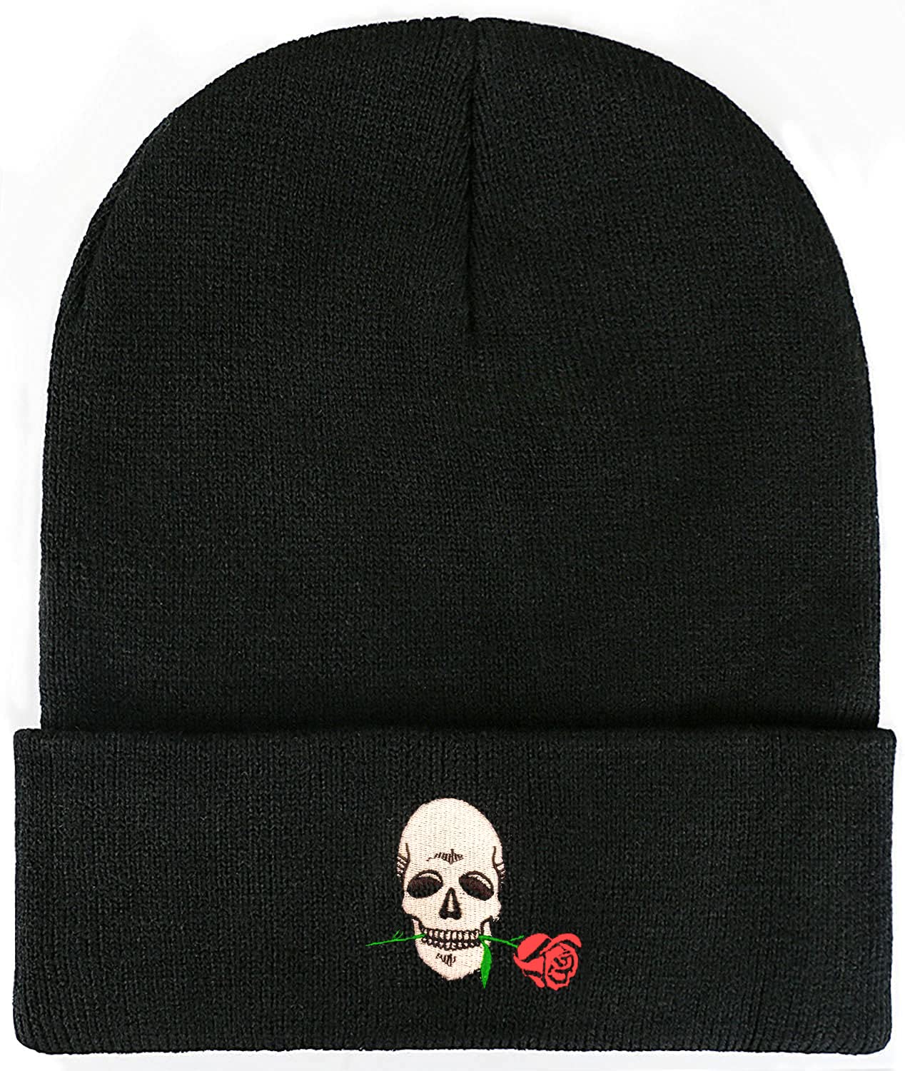 FUNCOOLCY Skull and Rose Soft Slouchy Beanie Hat,Winter Warm Knit Cuffed Skull Cap for Men Women