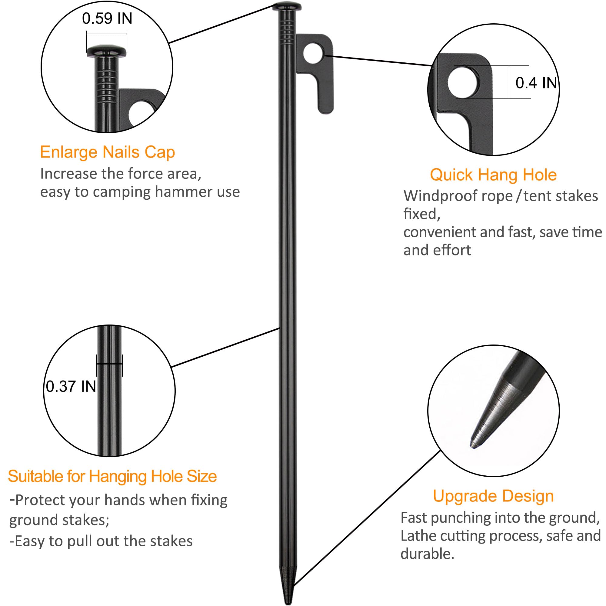 8 Pack Tent Stakes Heavy Duty Metal Tent Pegs for Camping Steel Tent Stakes 16 inch Unbreakable and Inflexible