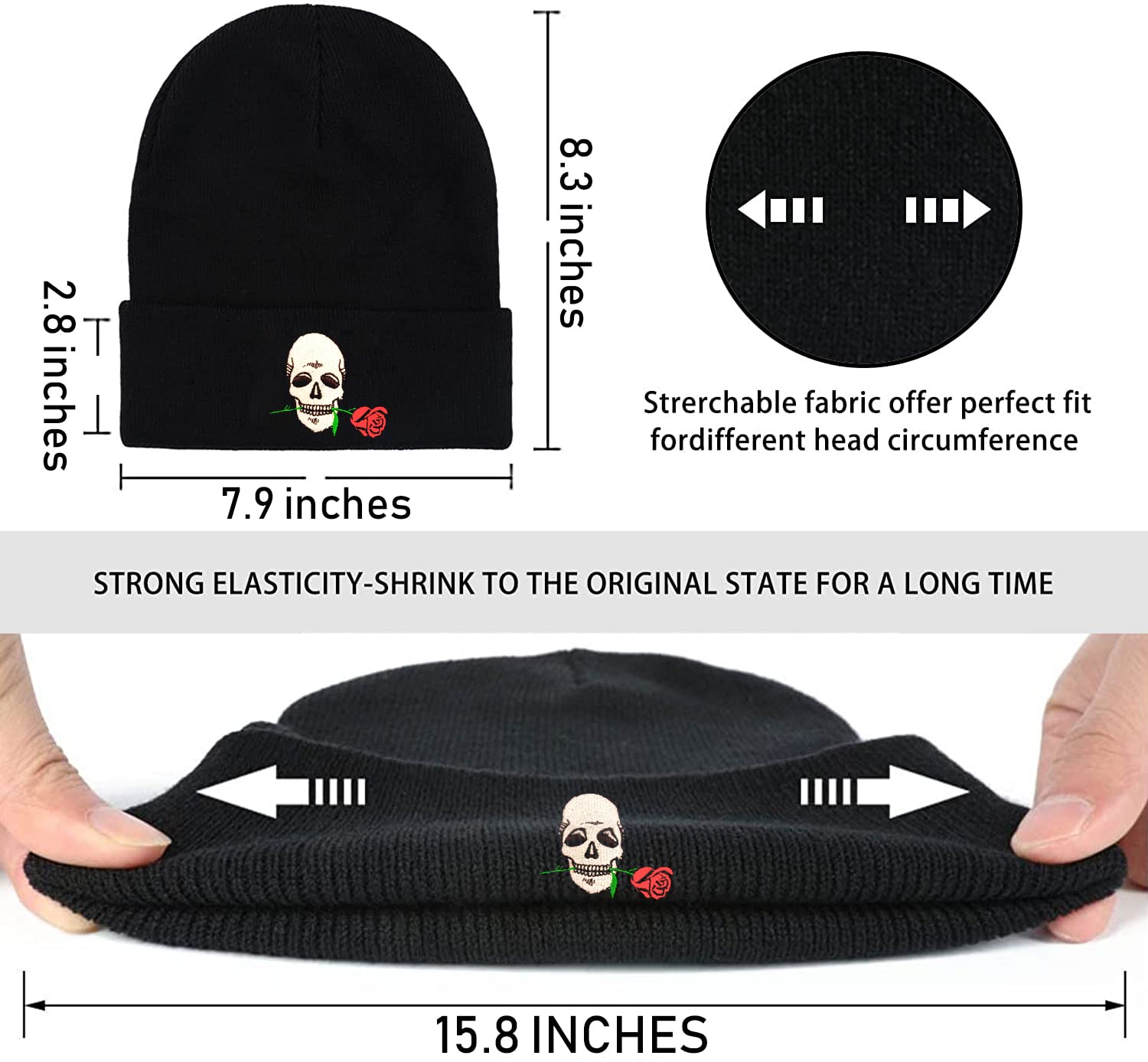 FUNCOOLCY Skull and Rose Soft Slouchy Beanie Hat,Winter Warm Knit Cuffed Skull Cap for Men Women