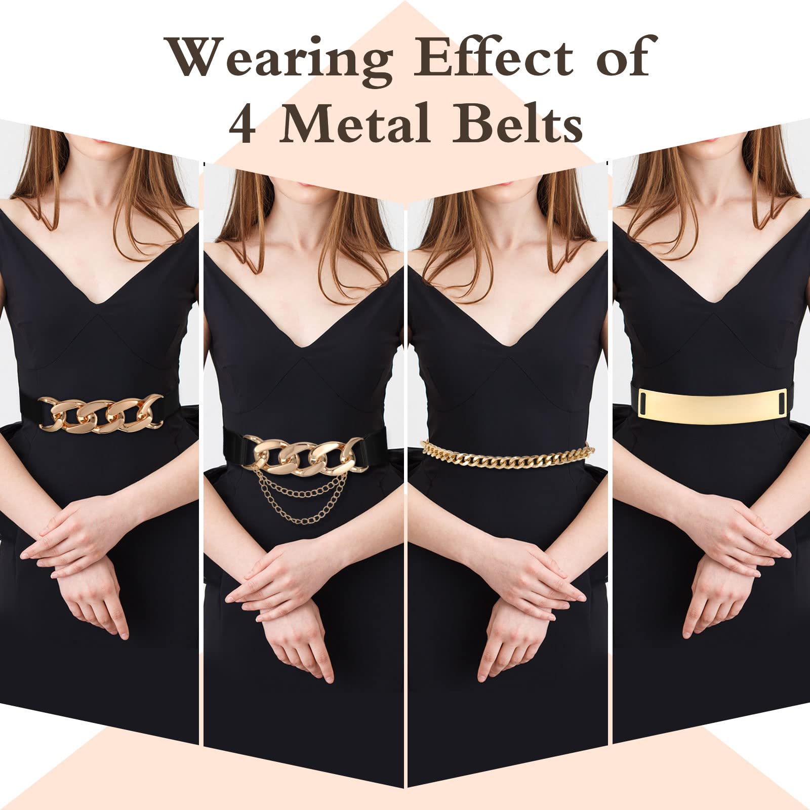 Zhanmai 4 Pieces Belts for Women Metal Gold Stretch Waist Belt Skinny Wide Chain Belt Elastic Belt for Dress