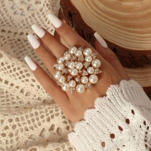 VQ Boho Elegant Faux Pearl Big Adjustable Women Ring Gold Color Vintage Finger Knuckle Girl Jewelry 6x2.5cm