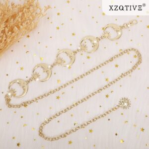 XZQTIVE Metal Gold/Silver Chain Belt for Women Dress Jeans Moon Sun Waist Chain Rhinestone Adjustable for Plus Size (Gold Moon, 130cm/51.2inch)