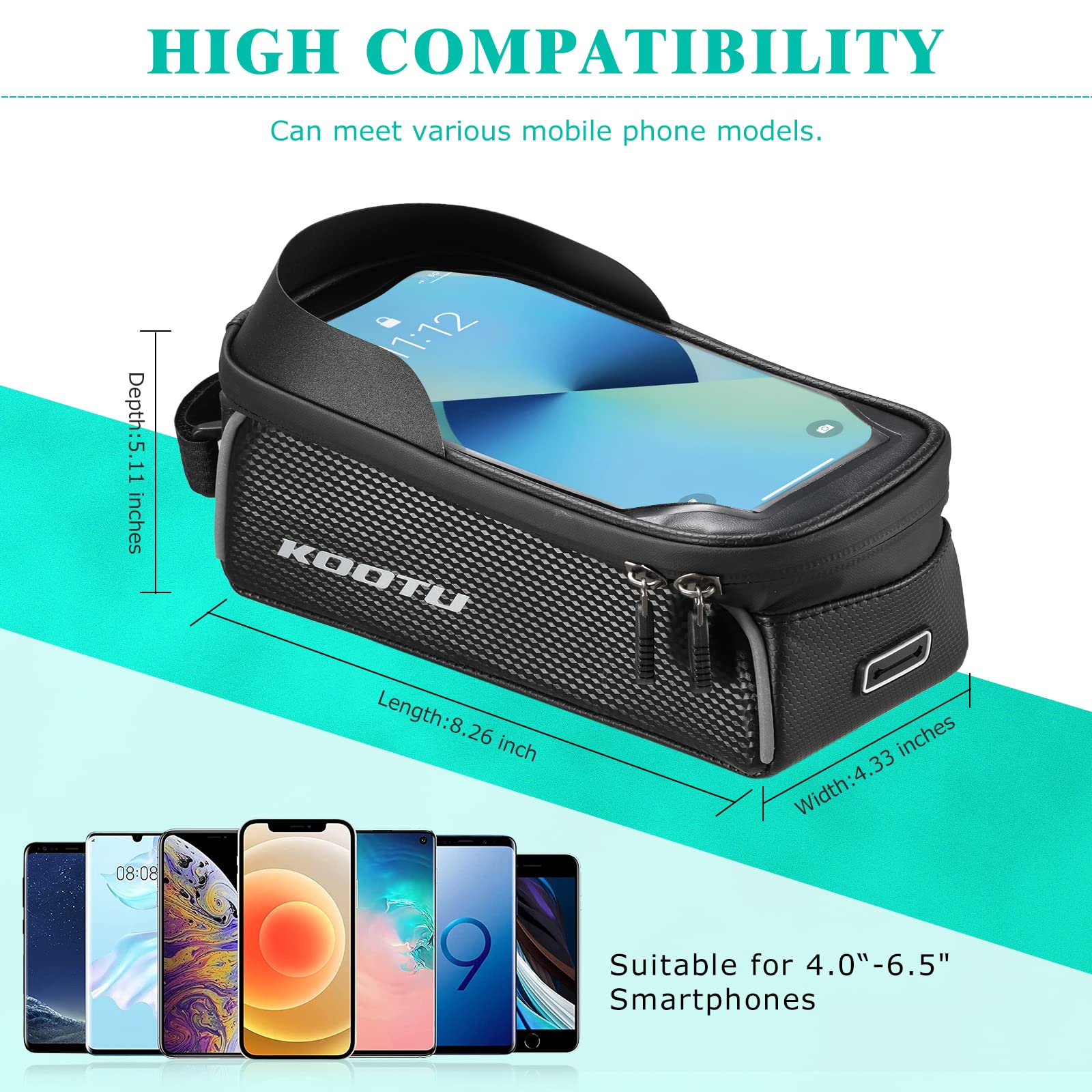 KOOTU Top Tube Front Storage Case,Bike Cell Phone Holder Pouch Bag with TPU Touch-Screen and Sun-Visor,Waterproof Bike Phone Mount for Smartphone Under 6.5"