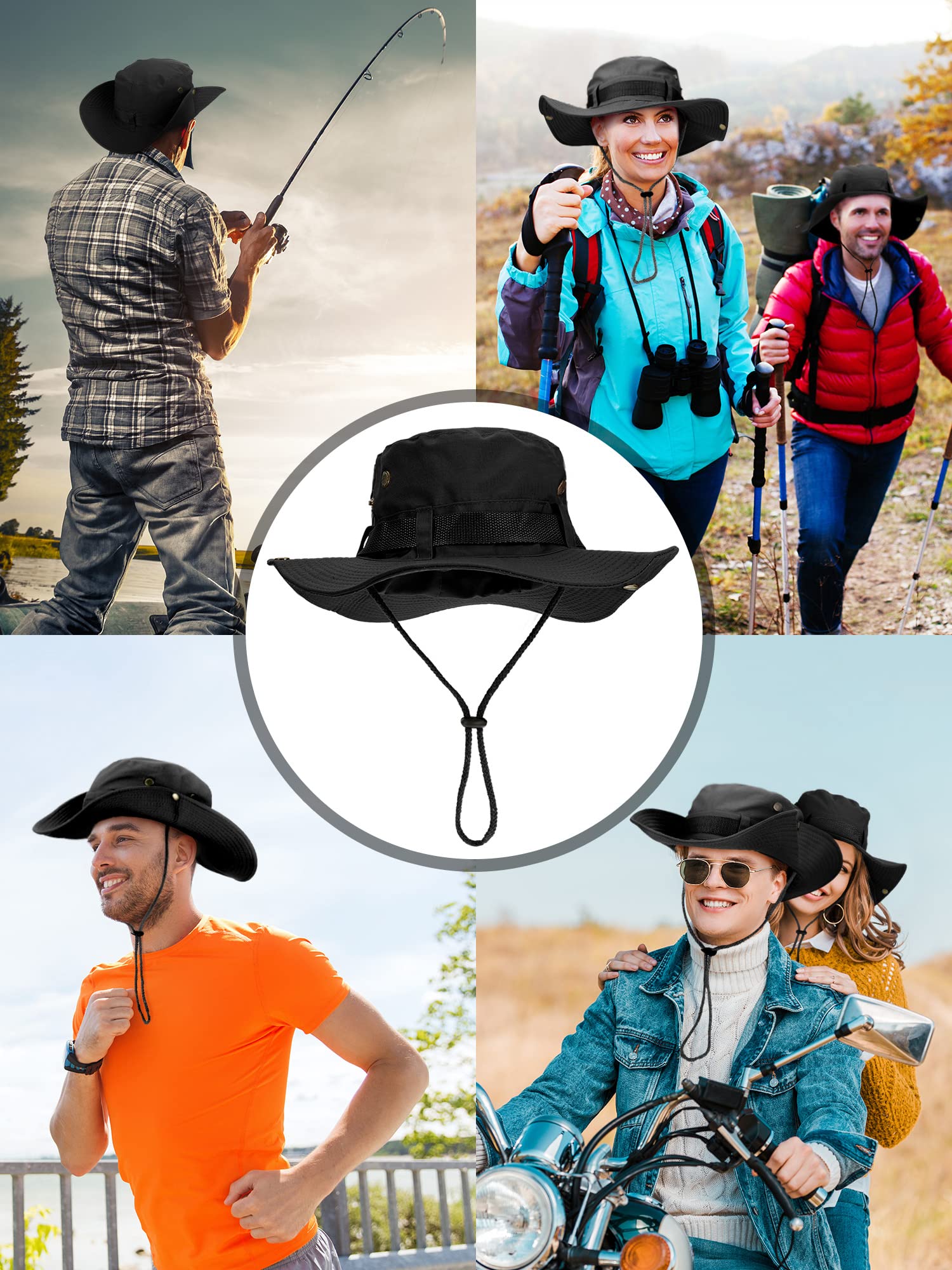 Boao 2 Pieces Sun Hats for Men Women Wide Brim Safari Bucket Hat Boonie Hat UV Protection Fishing Hiking Summer(Black)