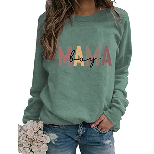 Mom of Boys Sweatshirt Women Long Sleeve Letter Print Pullover Mama Sweatshirt Casual Loose Crew Neck Fall Pullover Tops (Z3-Green, Medium)