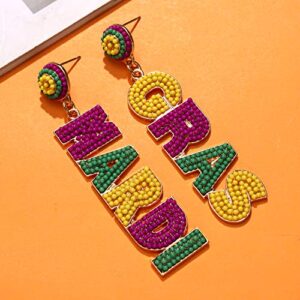 Beaded Mardi Gras Earrings for Women Handmade Bead Crown Fleur De Lis Drop Dangle Earrings Costume Party Parade Earrings Festive Holiday Gifts (Letter)