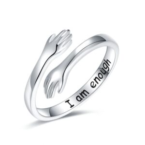 STROLLGIRL 925 Sterling Silver Hug Ring I am Enough Inspirational Jewelry Hugging Ring Encouragement Gift for Women