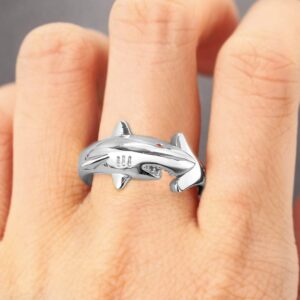 NewZenro Shark Red CZ Eye Open Adjustable Statement Wrap Rings For Women Men Sterling Silver Plated Band Finger Animal Personalized Fashion Punk Ring Jewelry Gifts Daughter Birthday