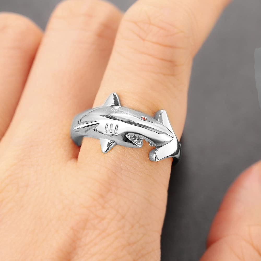 NewZenro Shark Red CZ Eye Open Adjustable Statement Wrap Rings For Women Men Sterling Silver Plated Band Finger Animal Personalized Fashion Punk Ring Jewelry Gifts Daughter Birthday