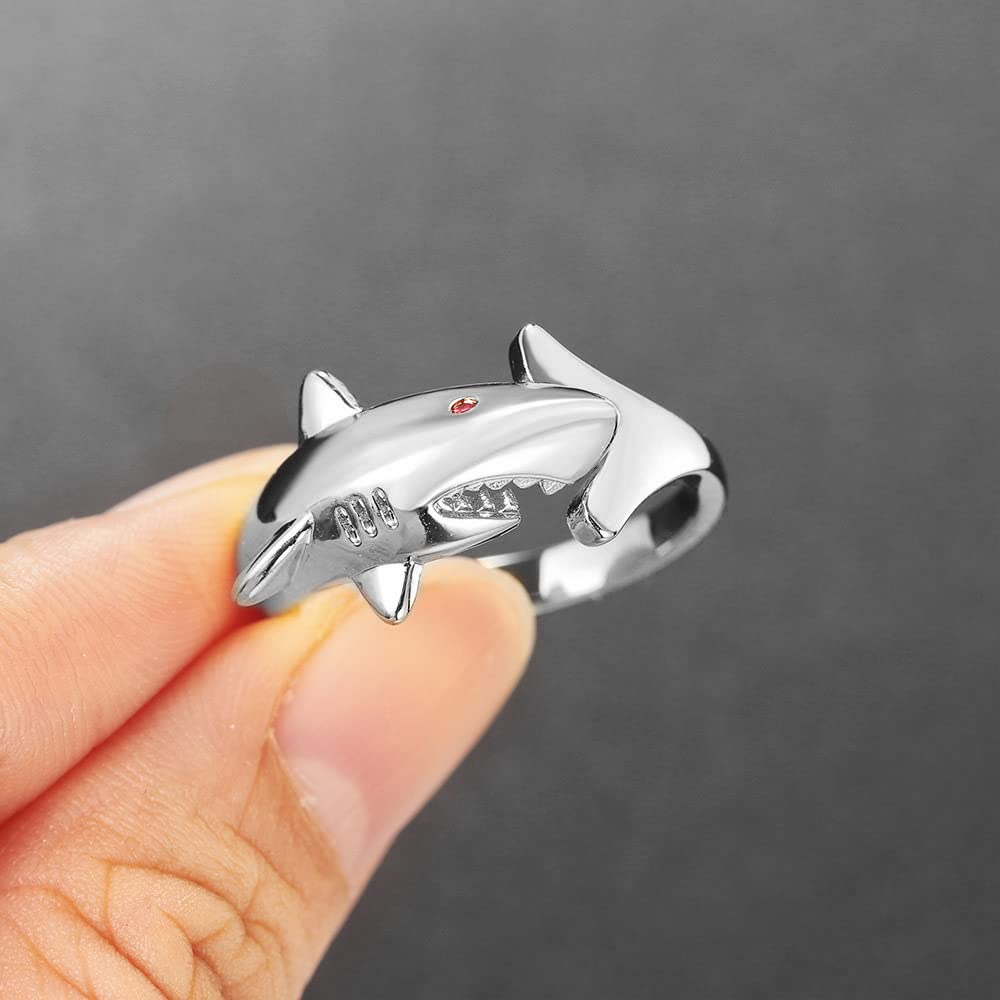 NewZenro Shark Red CZ Eye Open Adjustable Statement Wrap Rings For Women Men Sterling Silver Plated Band Finger Animal Personalized Fashion Punk Ring Jewelry Gifts Daughter Birthday