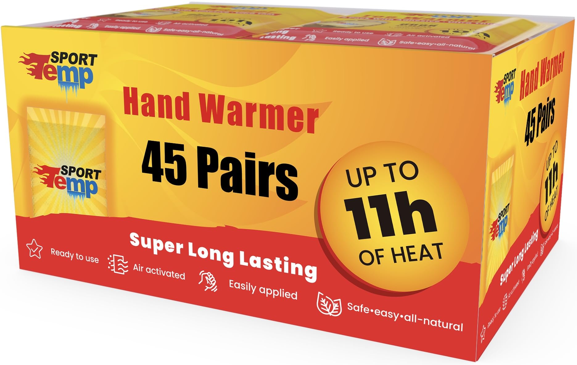 Hand Warmers (45 Pairs) - Up to 11 Hours of Heat, Super Long Lasting - Easy, All Natural - Air Activated, for Body, Hands & Toes - Odorless Hot Hand Warmer - Sport Temp