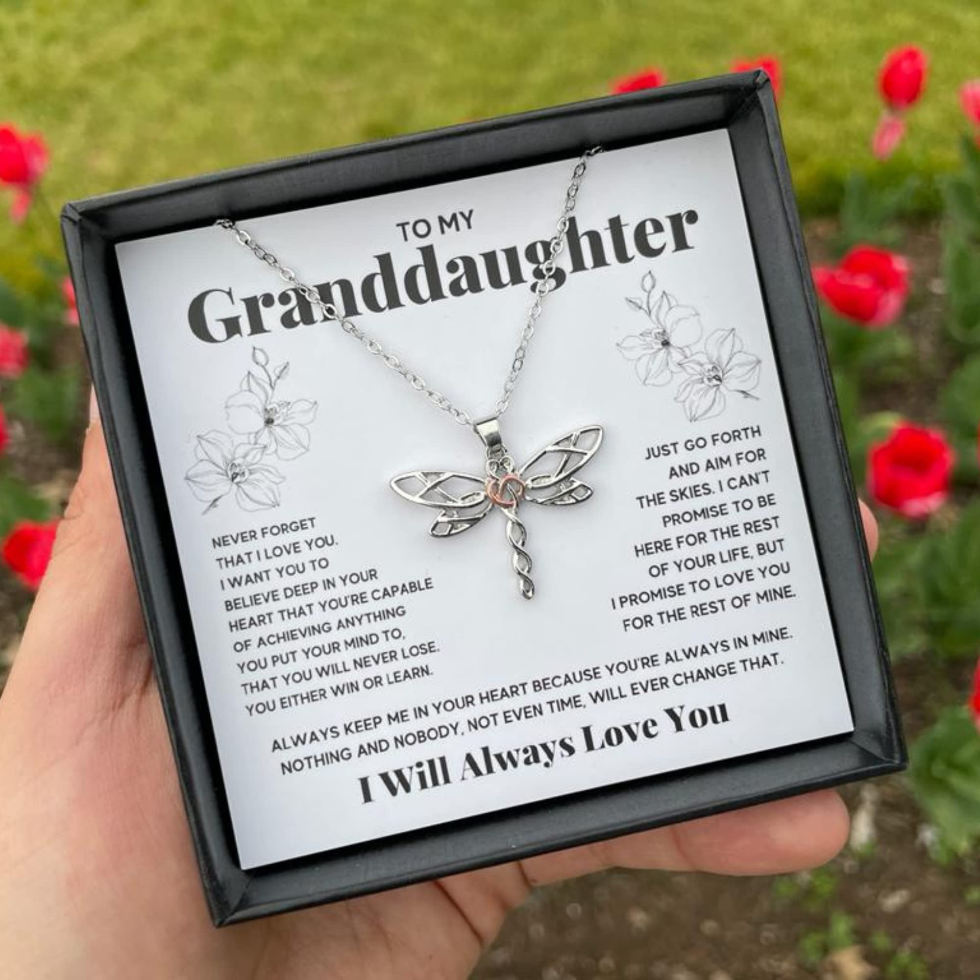 Granddaughter Necklace Gifts From Grandma Grandmother or Grandpa Grandfather To My Granddaughter Graduation Birthday Pendant Jewelry with Message Card and Gift Box (Standard Box, Dragonfly)