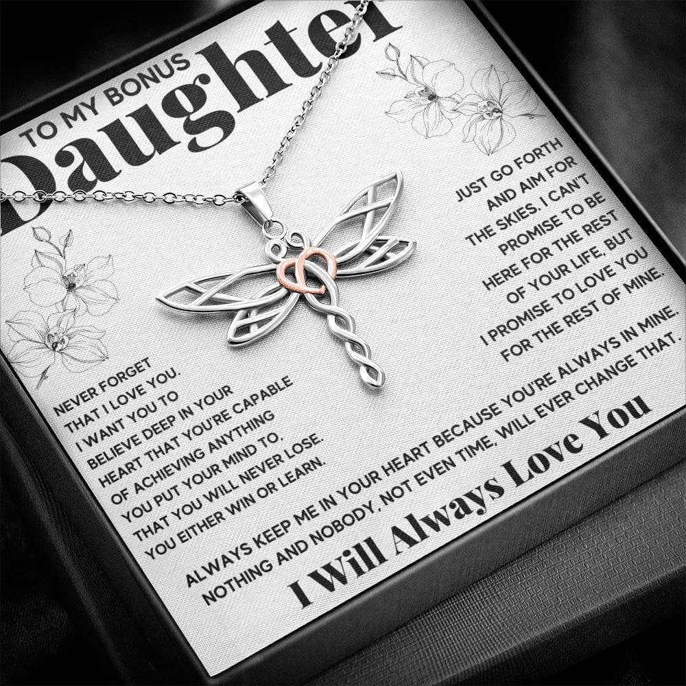 OC9 Gifts Bonus Daughter Necklace Birthday Graduation Christmas Gift with Message Card and LED Jewelry Box Gift Pendant for Step Daughter Goddaughter (Standard Box, Dragonfly)