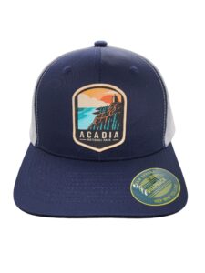 acadia trucker hat with national park woven patch (navy/white)