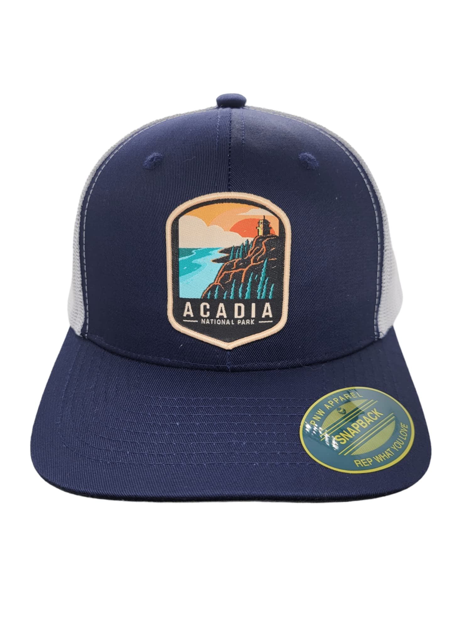 Acadia Trucker Hat with National Park Woven Patch (Navy/White)