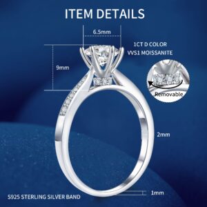 Moissanite Wedding Engagement Ring 1 Carat Classic 6 Prong Lab Created Diamond Anniversary Ring 925 Sterling Silver Solitaire Diamond Promise Ring for Women size 5-16