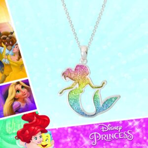 Disney Jewelry for Women, Princess Ariel Rainbow Glitter Pendant Necklace, Silver Plated, 18”