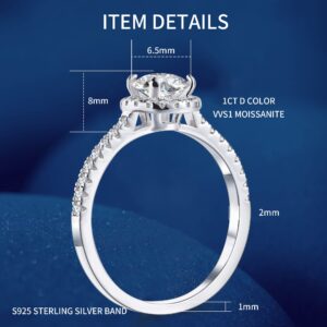 Moissanite Engagement Ring 1ct Center Solitare Diamond Halo Wedding Band Rings 6.5mm D Color VVS1 Moissanite Ring Sterling Silver Anniversary Promise Ring for Her