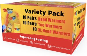 hand, toe, & xl body and hand warmers - variety pack, 10 pairs hand warmers, 10 pairs toe warmers with adhesive, 10 xl hand & body warmers - air activated - odorless hot hand - sport temp