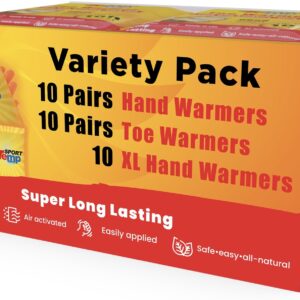 Hand, Toe, & XL Body and Hand Warmers - Variety Pack, 10 Pairs Hand Warmers, 10 Pairs Toe Warmers with Adhesive, 10 XL Hand & Body Warmers - Air Activated - Odorless Hot Hand - Sport Temp