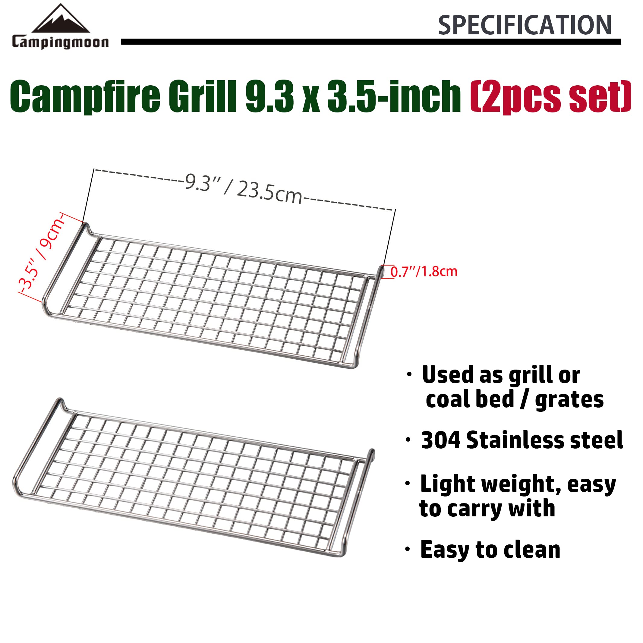 CAMPINGMOON Cooking Grate 2pcs set of Camping Grill Grate 304 Stainless Steel (L 9.3 x W 3.5 x H 0.7) for Camping Stove Grill Campfire Open Fire MTG-2G