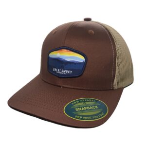 Great Smoky Mountains Trucker Hat with National Park Woven Patch (Brown/Tan)