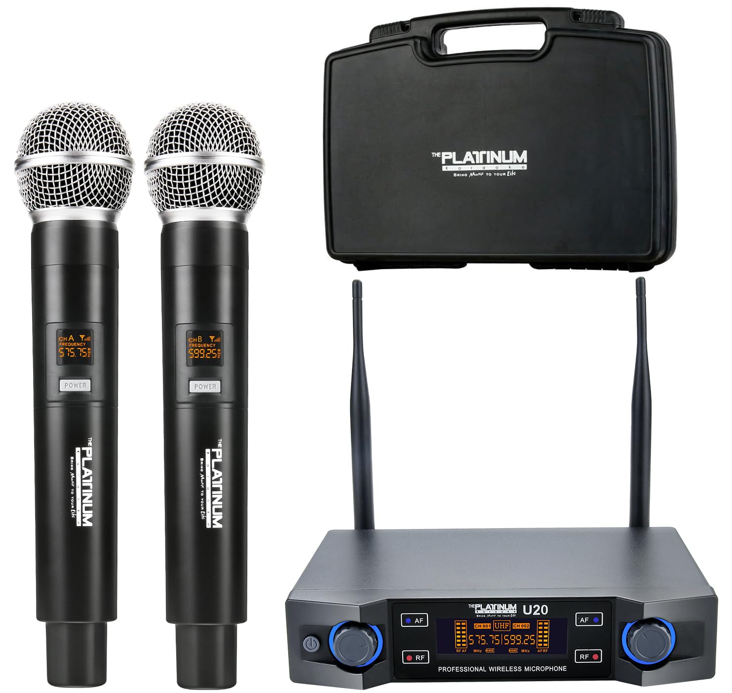 The Platinum UHF Wireless Microphone System, 200FT UHF Range Metal Professional Dual Channel Handheld Dynamic Mic System with Professional Karaoke Receiver, for Party, KTV, Meeting, Wedding (TP-U20)