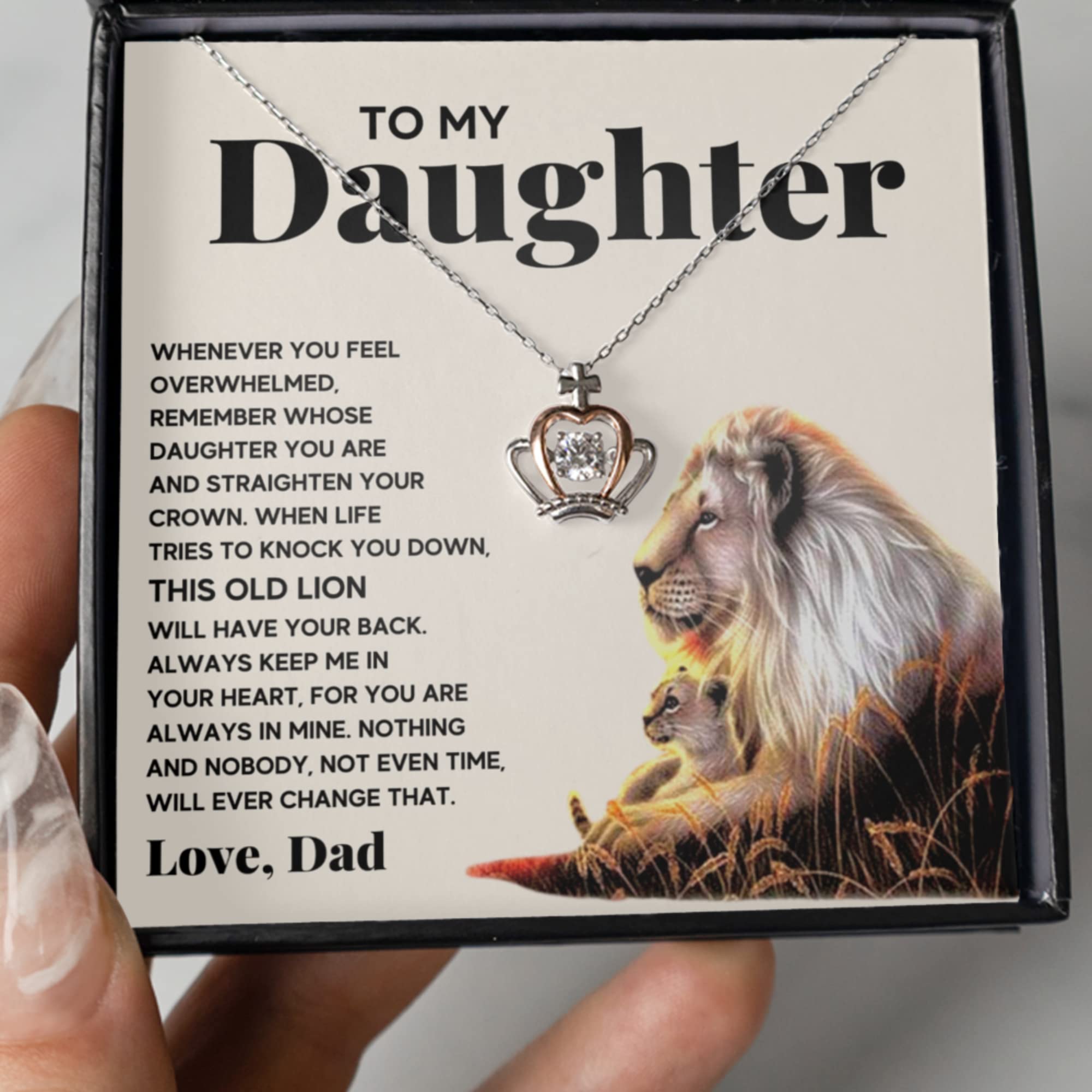 Daughter Gifts From Dad Father Daughter Necklace Birthday Graduation Christmas Jewelry For My Daughter with Message Card and Gift Box (Standard Box, Lion Crown)