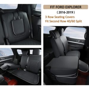 GIANT PANDA Pu Leather 7 Seats Car Seat Covers Full Set Custom Fit Ford Explorer 2016 2017 2018 2019 XLT,Limited,Platinum,Sport,Base,3 Row Model with Second Row 40/60 Split Seats- (Black)