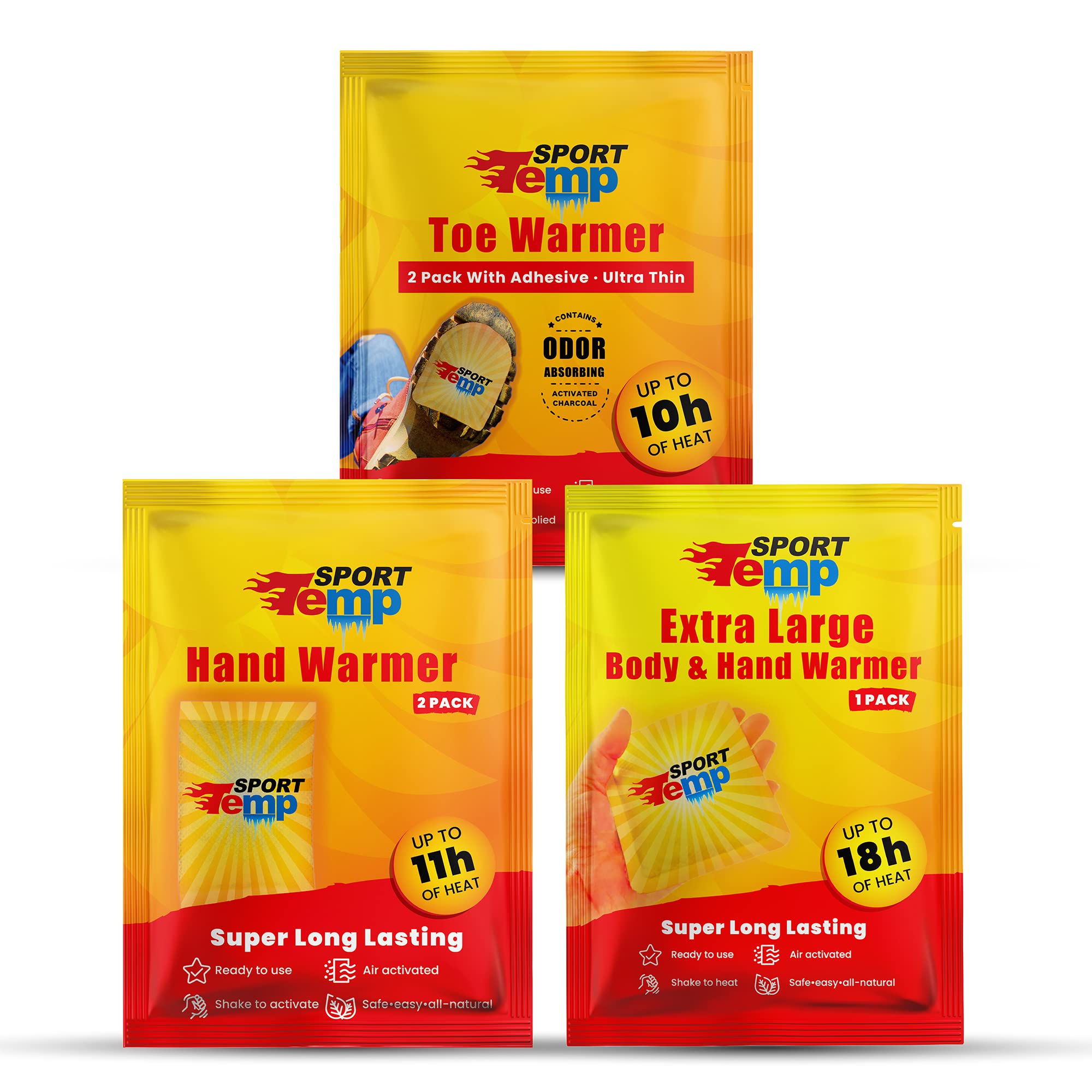 Hand, Toe, & XL Body and Hand Warmers - Variety Pack, 10 Pairs Hand Warmers, 10 Pairs Toe Warmers with Adhesive, 10 XL Hand & Body Warmers - Air Activated - Odorless Hot Hand - Sport Temp