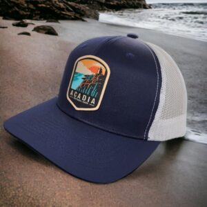 Acadia Trucker Hat with National Park Woven Patch (Navy/White)