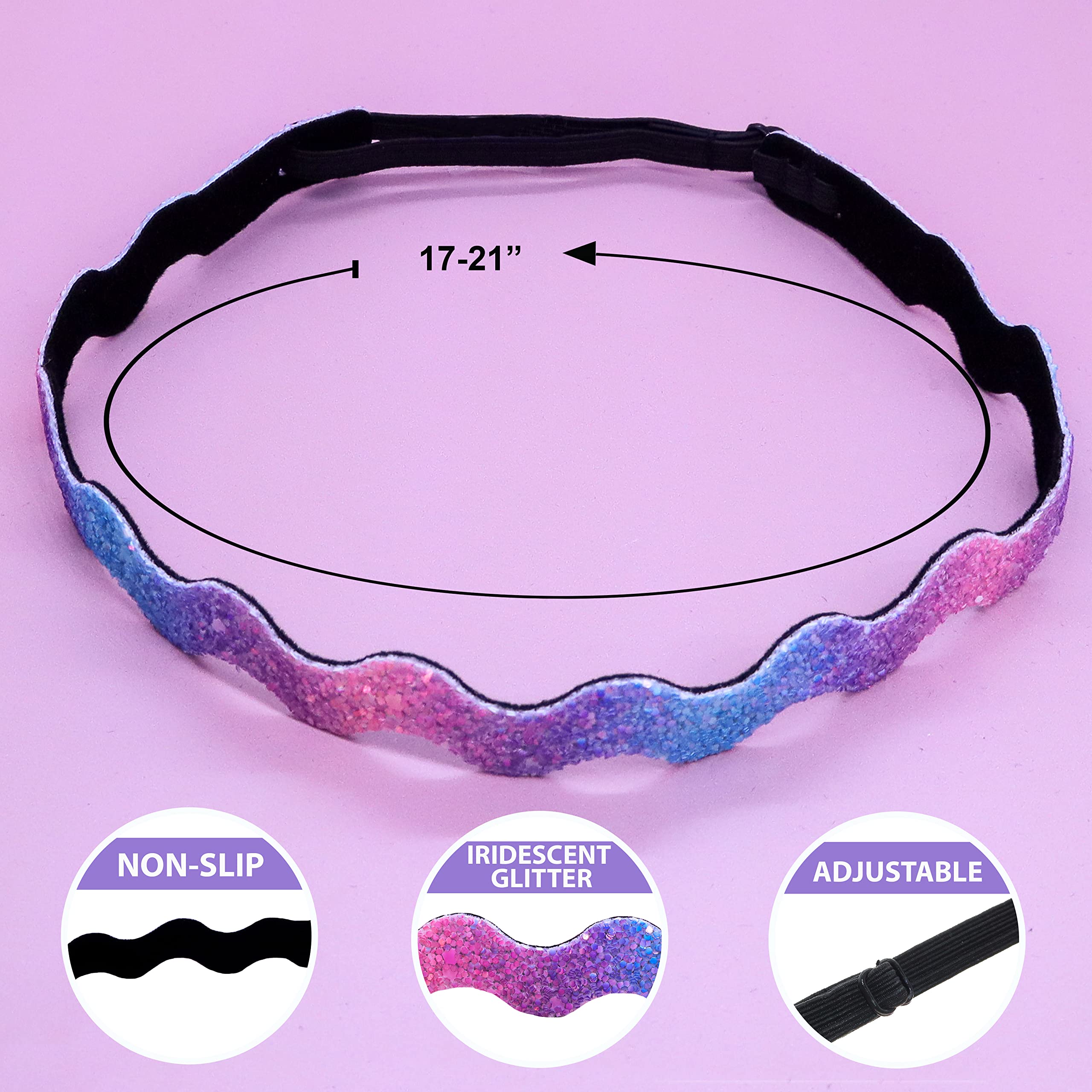 FROG SAC 6 Glitter Elastic Headbands For Girls, Adjustable Non Slip Thin Stretch Wavy Sport Headband Hair Bands for Teens, Cute Stretchy Zig Zag Nonslip Teen Girl Sport Hair Accessories