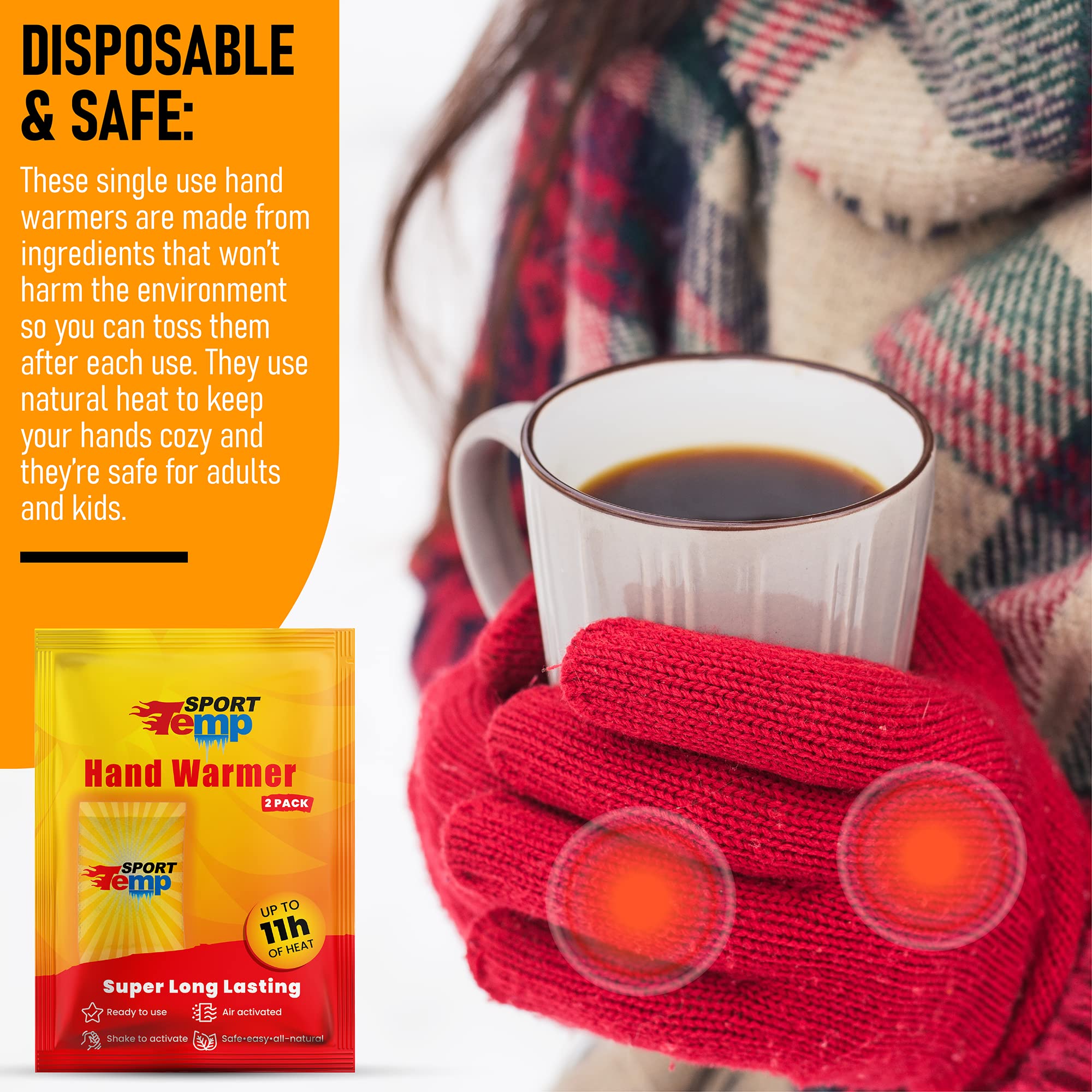 Hand Warmers (45 Pairs) - Up to 11 Hours of Heat, Super Long Lasting - Easy, All Natural - Air Activated, for Body, Hands & Toes - Odorless Hot Hand Warmer - Sport Temp