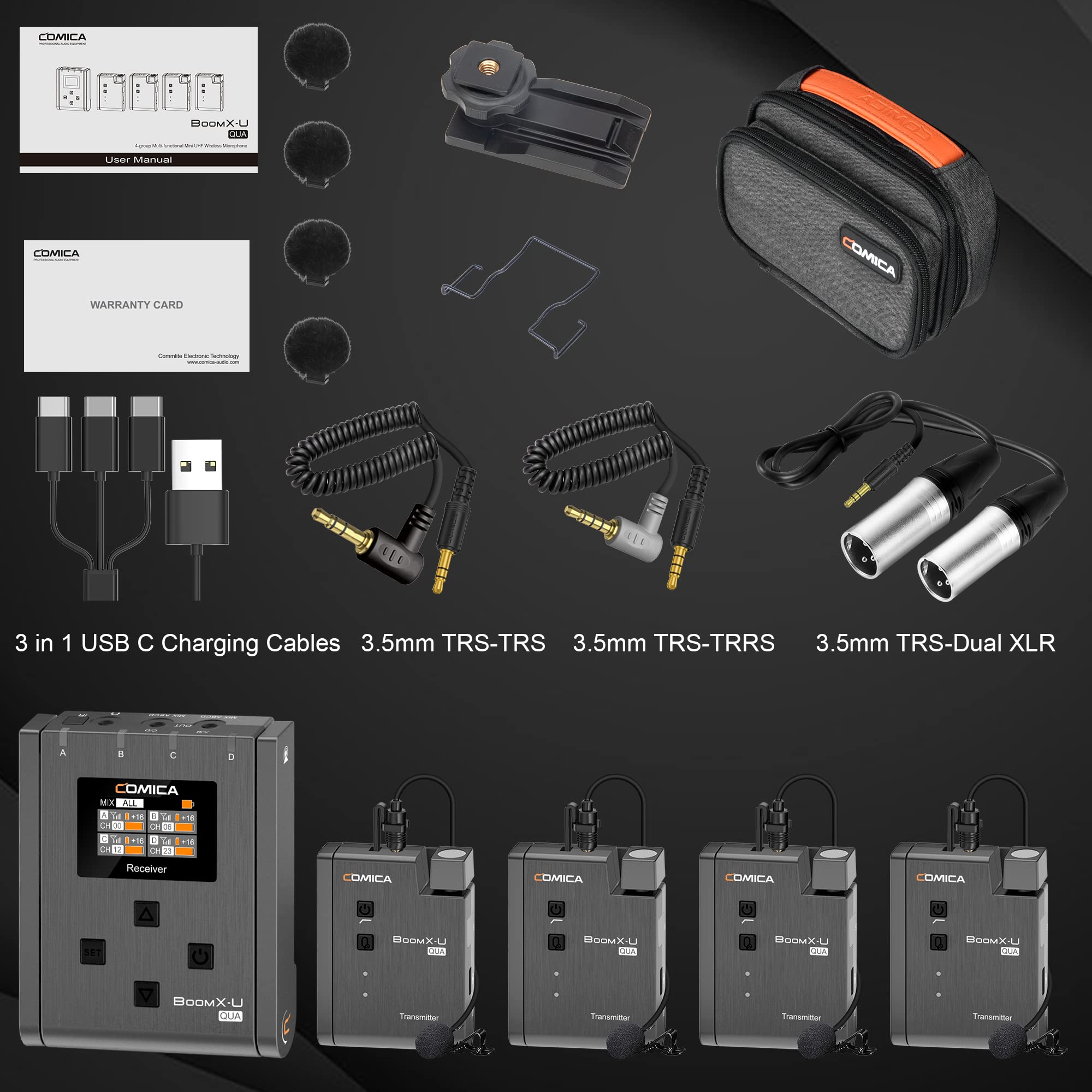 comica BoomX-U Qua 4-Channel UHF Wireless Lavalier Lapel Microphone System, 4 Audio Tracks Individual Output, Noise Cancellation, Monitor, 394' Range, Lav Mic for Camera, iPhone, Android, PC, etc