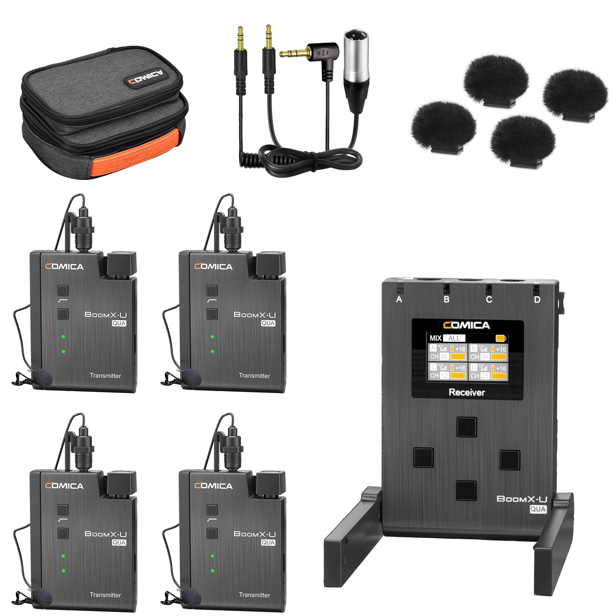 comica BoomX-U Qua 4-Channel UHF Wireless Lavalier Lapel Microphone System, 4 Audio Tracks Individual Output, Noise Cancellation, Monitor, 394' Range, Lav Mic for Camera, iPhone, Android, PC, etc