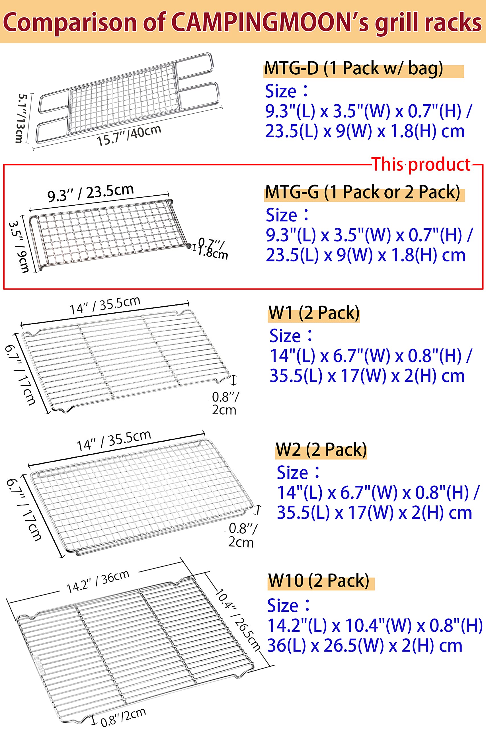 CAMPINGMOON Cooking Grate 2pcs set of Camping Grill Grate 304 Stainless Steel (L 9.3 x W 3.5 x H 0.7) for Camping Stove Grill Campfire Open Fire MTG-2G