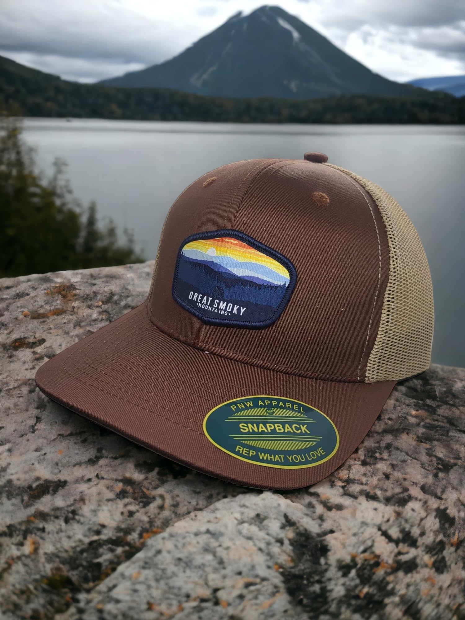 Great Smoky Mountains Trucker Hat with National Park Woven Patch (Brown/Tan)