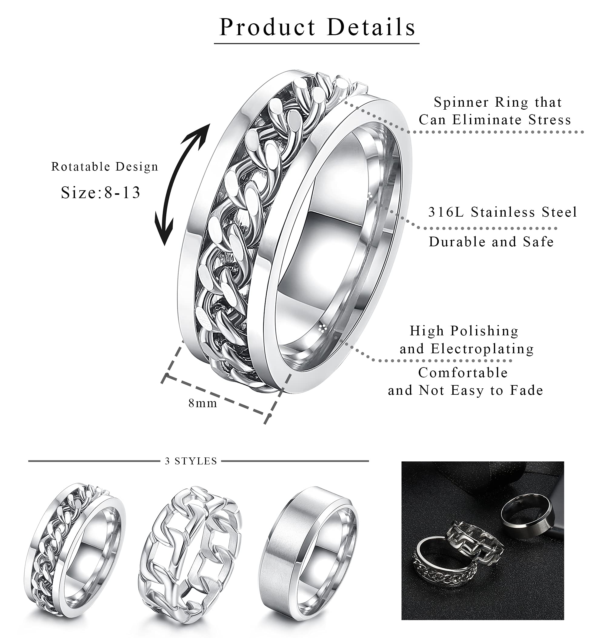 ORAZIO Mens Rings 3Pcs Silver Rings for Men Women Stainless Steel Plain Band Ring Cuban Link Chain Rings Spinner Ring Men's Promise Wedding Rings Set,Size 7